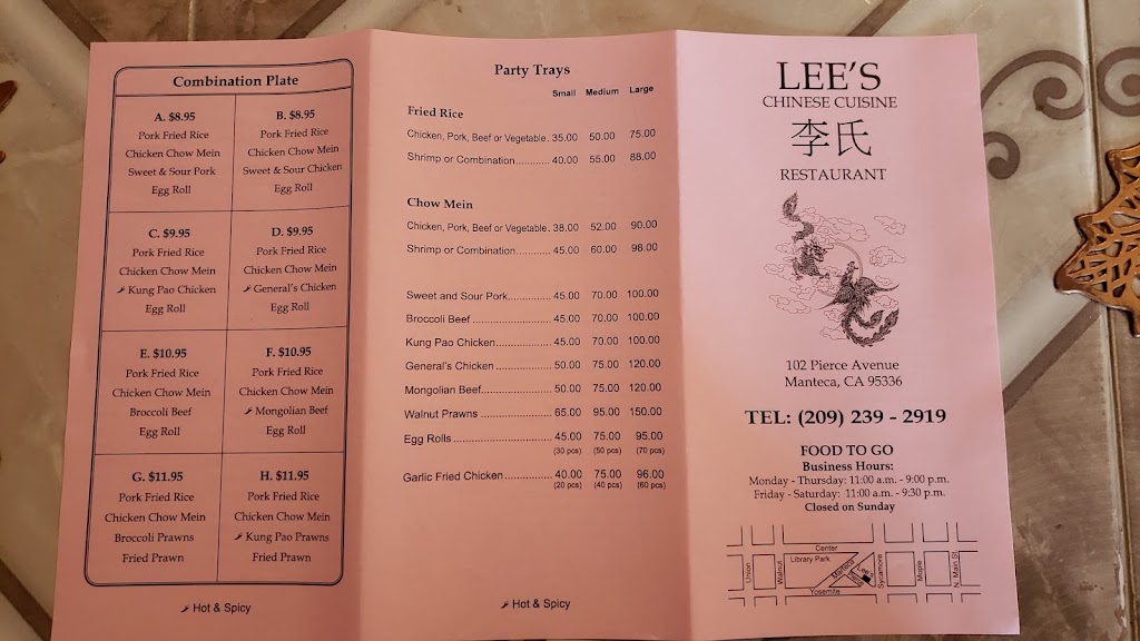 Lees Chinese Restaurant | meal takeaway | 102 Pierce Ave, Manteca, CA 95336, USA | 2092392919 OR +1 209-239-2919
