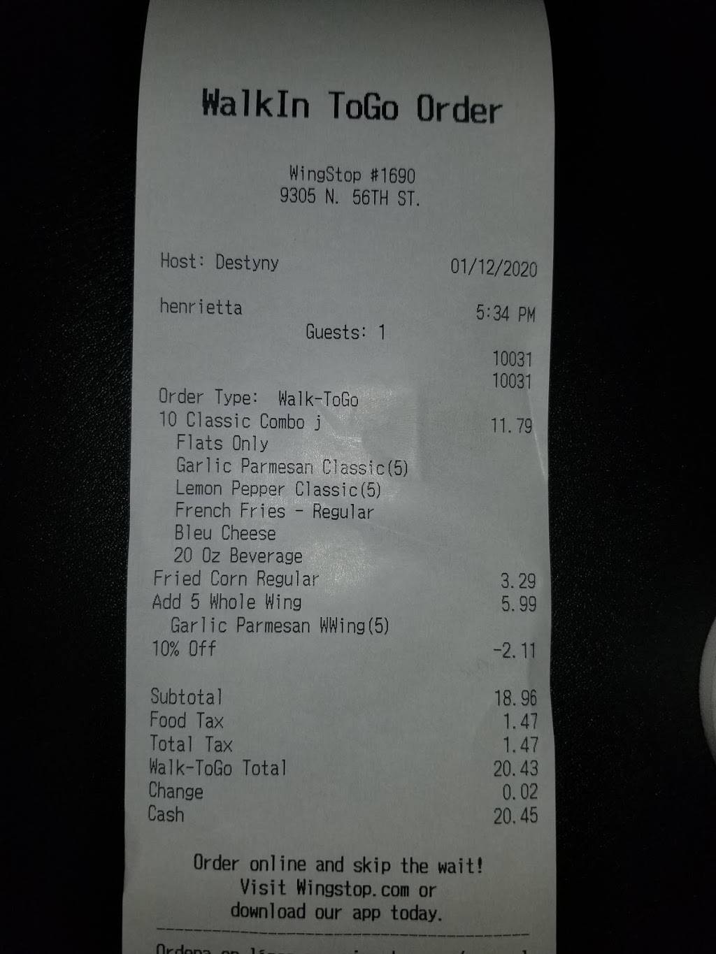 Wingstop | restaurant | 9305 N 56th St, Temple Terrace, FL 33617, USA | 8133735174 OR +1 813-373-5174