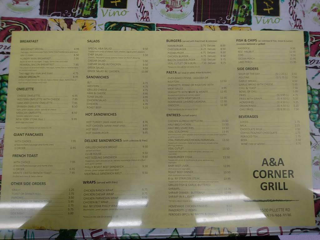 A A Corner Grill | restaurant | 1500 Pillette Rd, Windsor, ON N8Y 3C2, Canada | 5199443136 OR +1 519-944-3136
