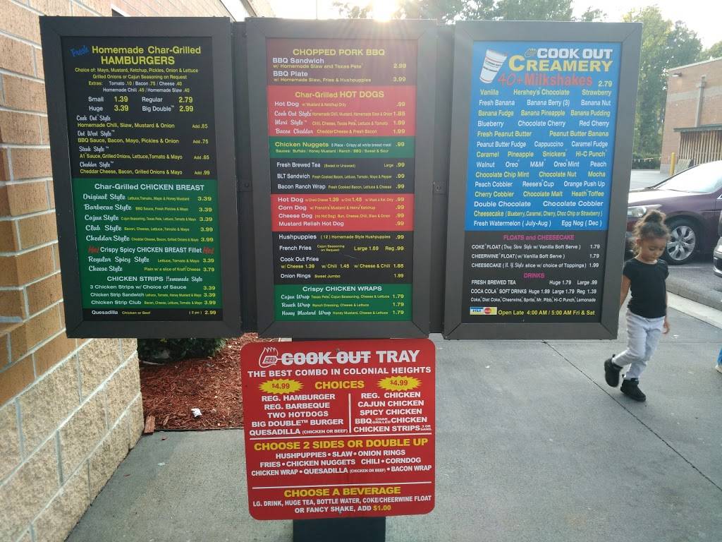Cook Out | restaurant | 618 Boulevard, Colonial Heights, VA 23834, USA | 8045202960 OR +1 804-520-2960