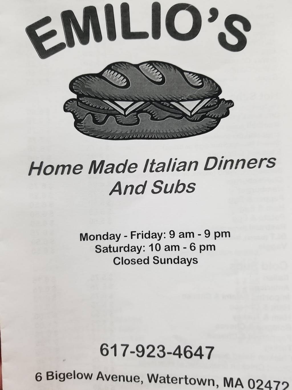 Emilios Homemade Italian Subs | restaurant | 6 Bigelow Ave, Watertown, MA 02472, USA | 6179234647 OR +1 617-923-4647