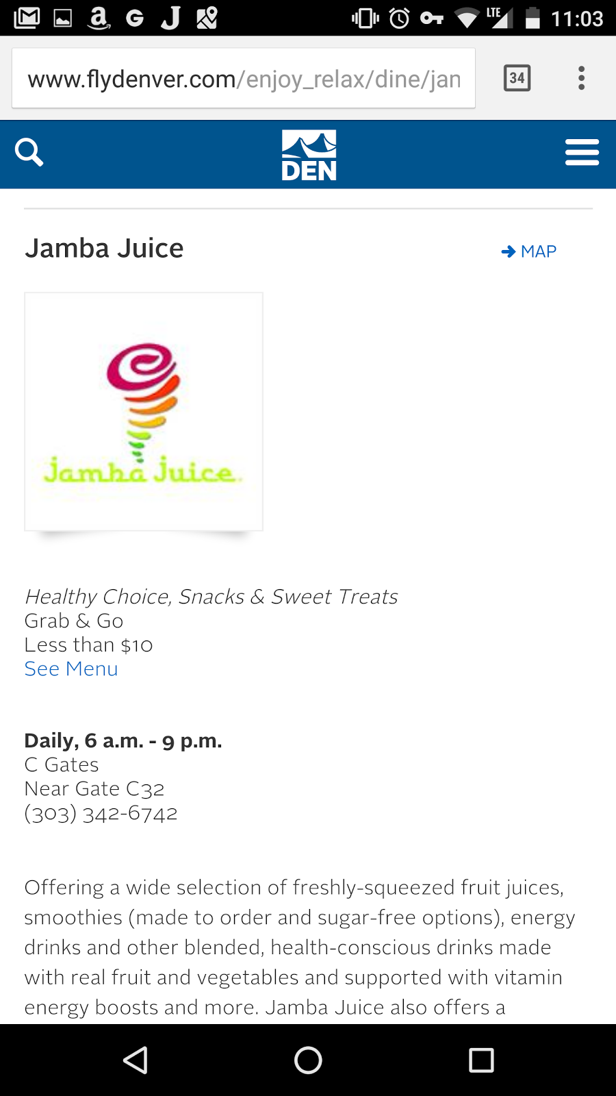 Jamba DEN II - Concourse C | restaurant | Concourse C, 9100 Pena Blvd, Denver, CO 80249, USA | 3033426742 OR +1 303-342-6742