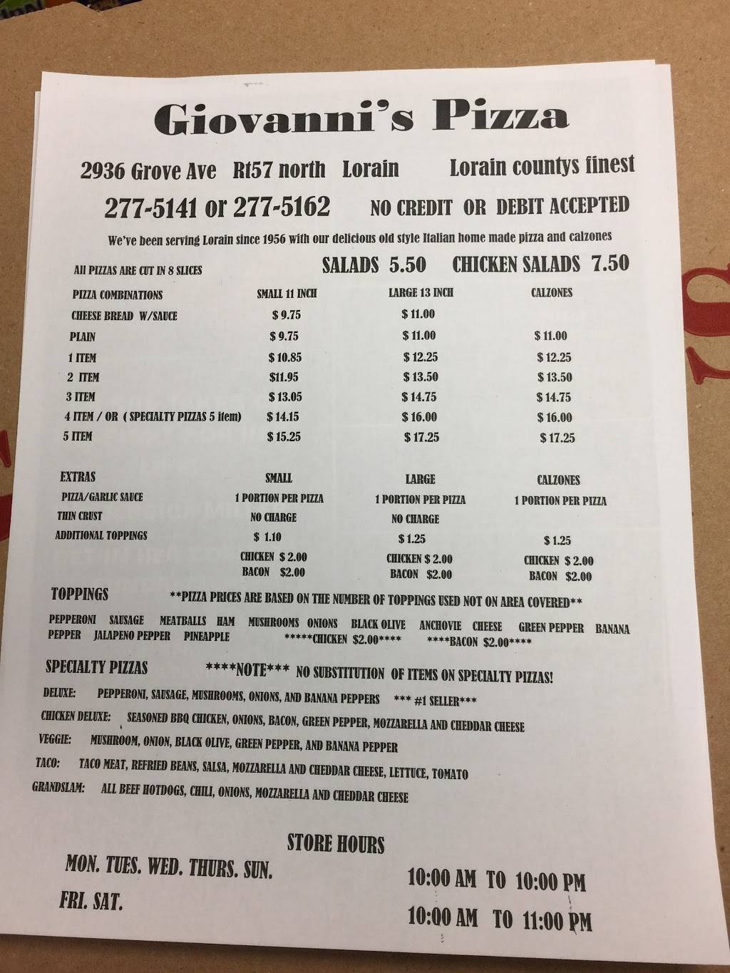 Giovannis Pizza | restaurant | 2936 Grove Ave, Lorain, OH 44055, USA | 4402775141 OR +1 440-277-5141