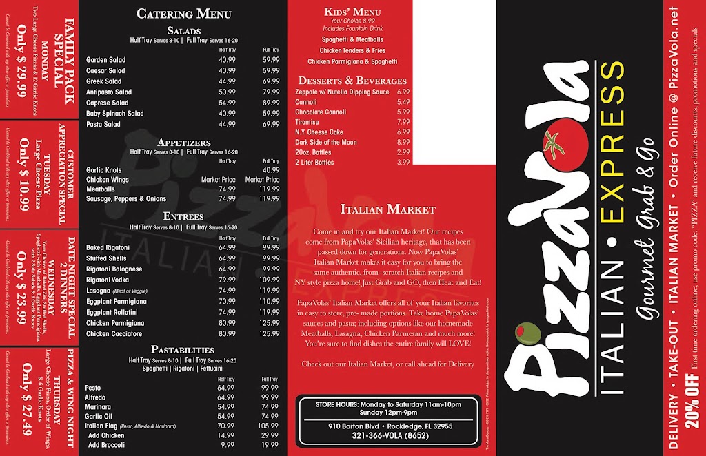 PizzaVola Express | meal takeaway | 910 Barton Blvd unit 1, Rockledge, FL 32955, USA | 3213668652 OR +1 321-366-8652
