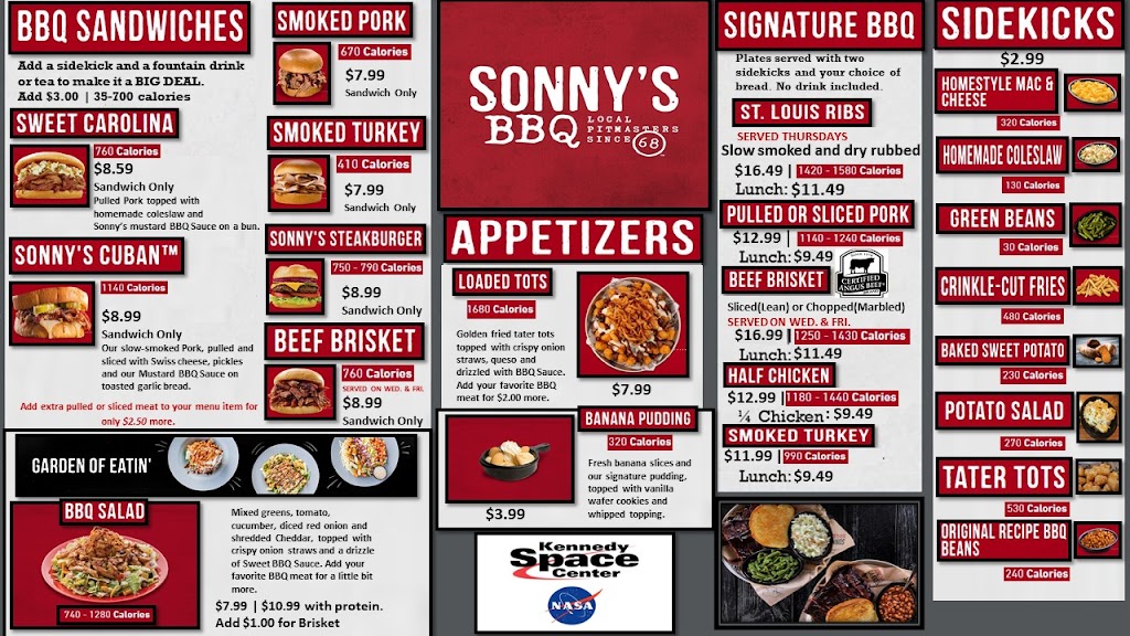 Sonnys BBQ KSC MFF Building | restaurant | Building K6-1145A Room 1002, Kennedy Space Center, FL 32899, USA | 3218673713 OR +1 321-867-3713