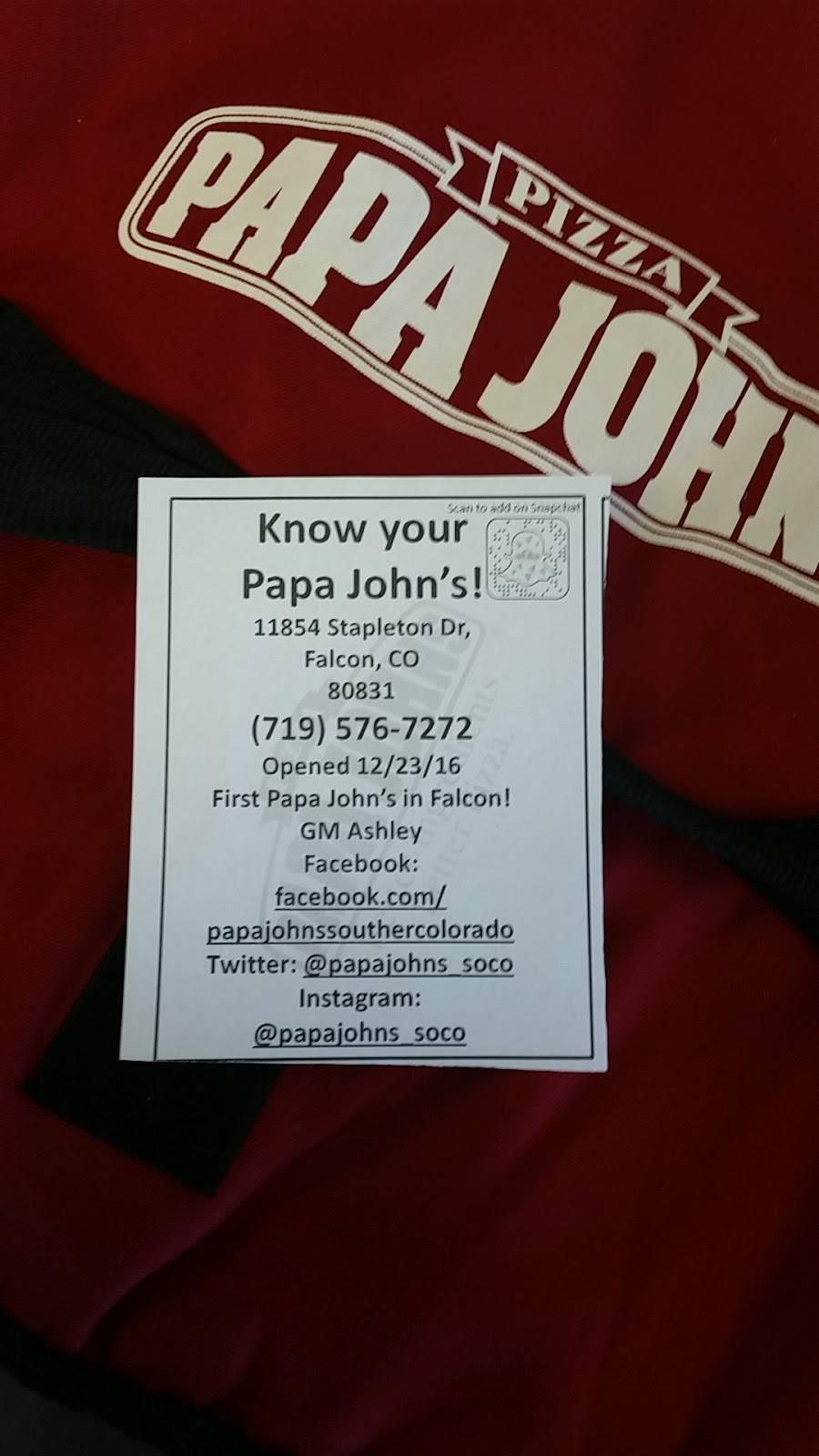 Papa Johns Pizza | restaurant | 11854 E Stapleton Dr, Falcon, CO 80831, USA | 7195767272 OR +1 719-576-7272