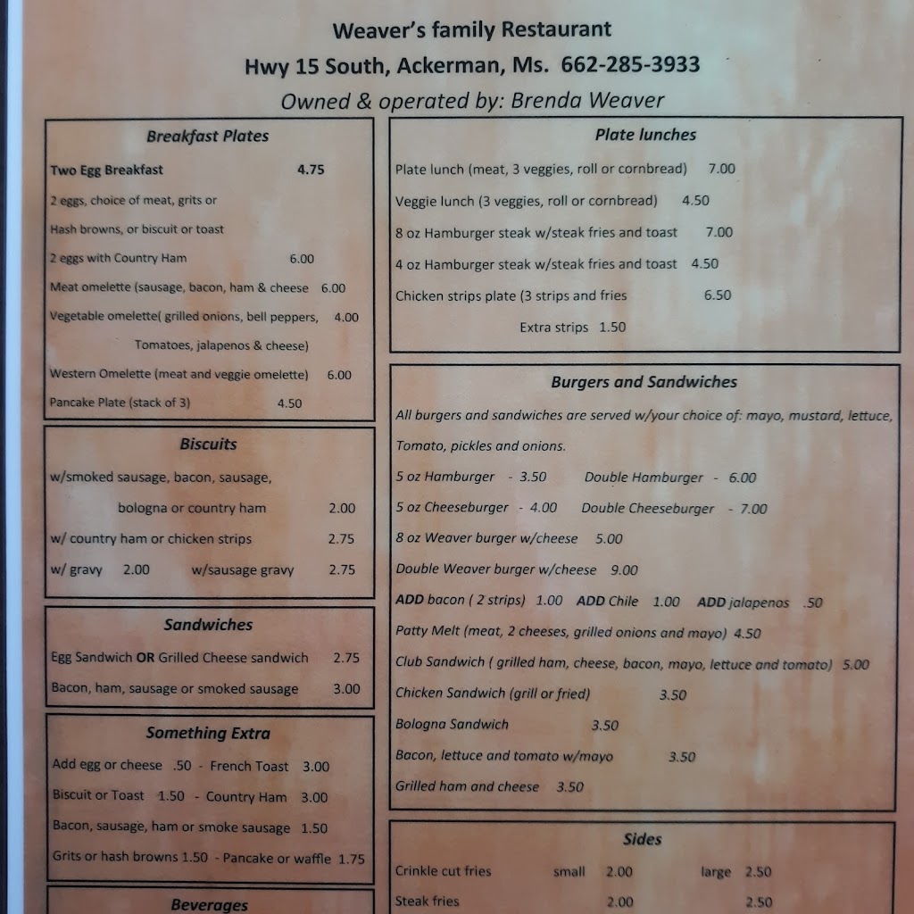 Weavers Family Restaurant | restaurant | 8540 MS-15, Ackerman, MS 39735, USA | 6622853933 OR +1 662-285-3933