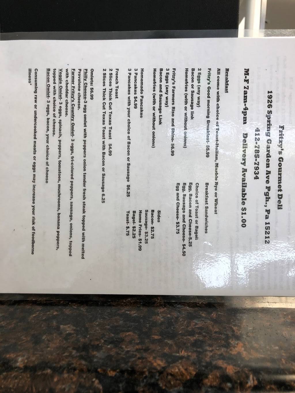 Fritzy’s Gourmet Deli | restaurant | 1926 Spring Garden Ave, Pittsburgh, PA 15212, USA | 4127857934 OR +1 412-785-7934