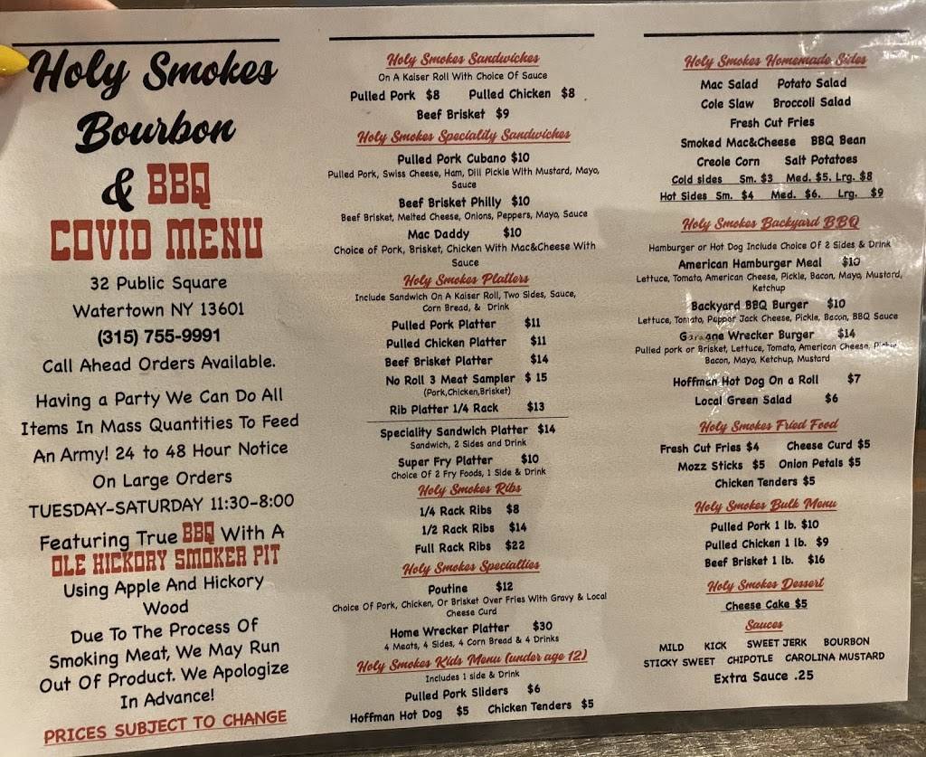 Holy Smokes Bourbon and BBQ | restaurant | 32 Public Square, Watertown, NY 13601, USA | 3157559991 OR +1 315-755-9991