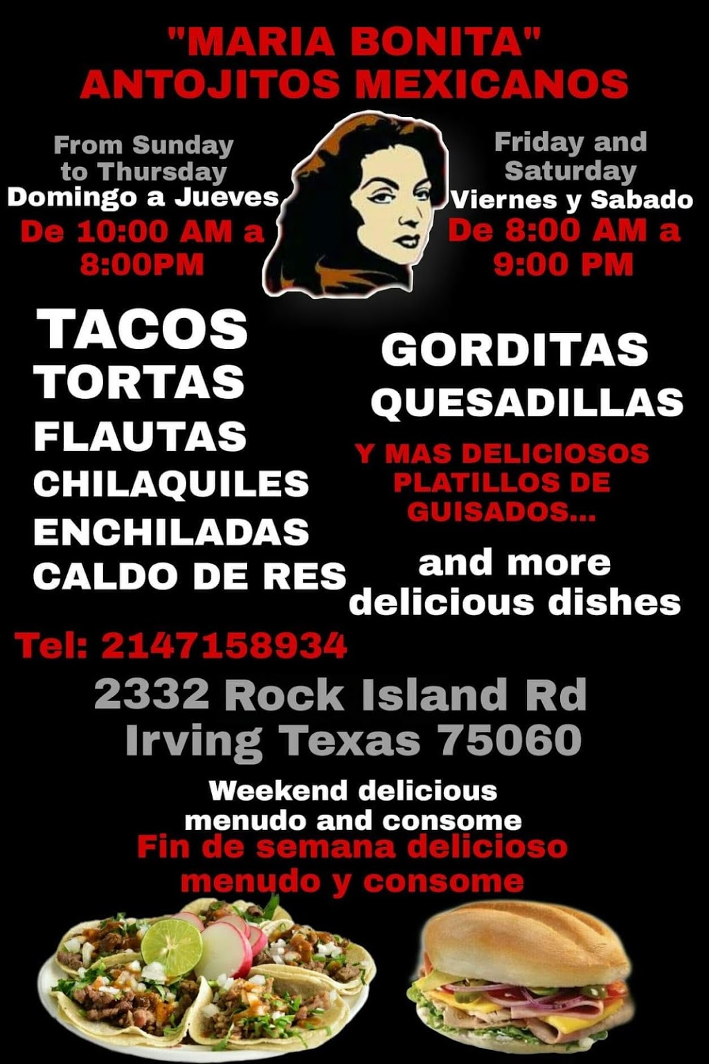Maria Bonita | restaurant | 2332 Rock Island Rd, Irving, TX 75060, USA | 2147158934 OR +1 214-715-8934