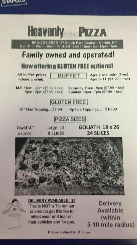 Heavenly Pizza of Corbin, KY | restaurant | 1038 Cumberland Falls Hwy, Corbin, KY 40701, USA | 6062617660 OR +1 606-261-7660