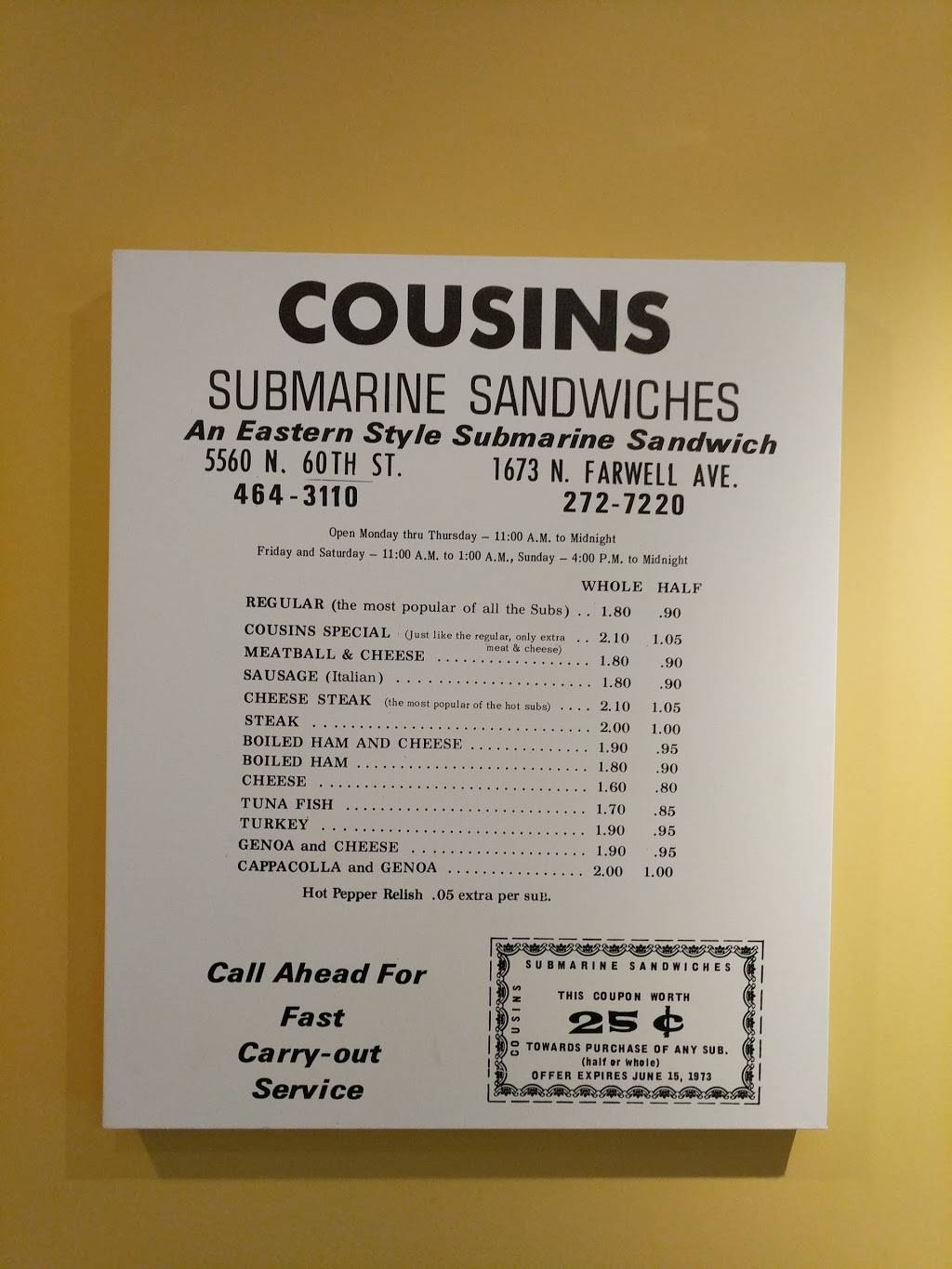 Cousins Subs | meal takeaway | 17495 W Capitol Dr, Brookfield, WI 53045, USA | 2627905848 OR +1 262-790-5848