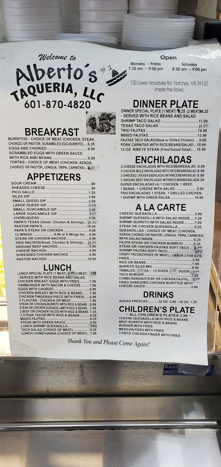 Albertos Taqueria | restaurant | 100 Lower Woodville Rd, Natchez, MS 39120, USA | 6018704820 OR +1 601-870-4820