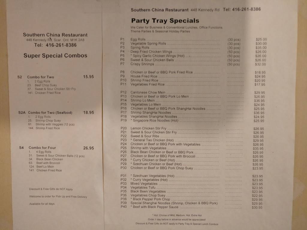 Southern China Restaurant | restaurant | 448 Kennedy Rd, Scarborough, ON M1K 2A6, Canada | 4162618386 OR +1 416-261-8386