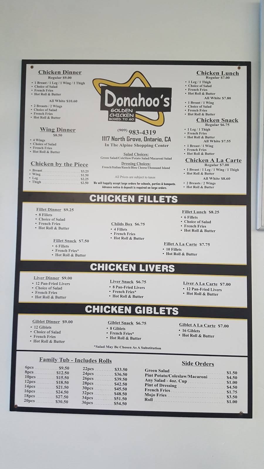 Donahoos Golden Chicken | restaurant | 1117 N Grove Ave, Ontario, CA 91764, USA | 9099834319 OR +1 909-983-4319