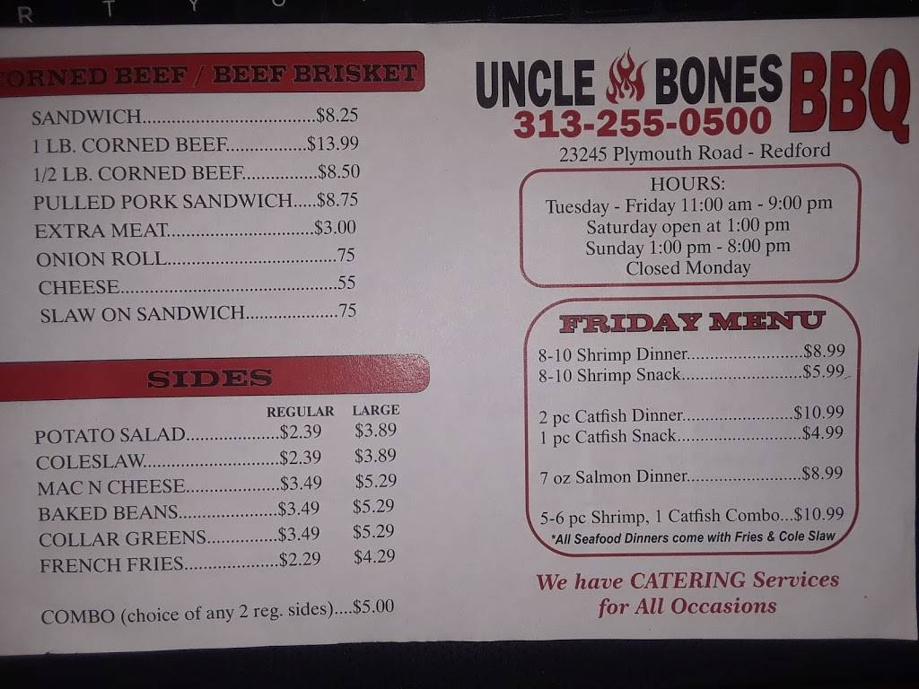 Uncle Bones Bbq | restaurant | 23245 Plymouth Rd, Redford Charter Twp, MI 48239, USA | 3132550500 OR +1 313-255-0500