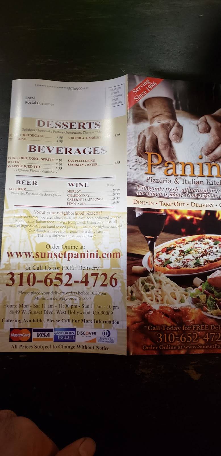 Panini Pizza & Italian Kitchen | meal delivery | 8849 Sunset Blvd, West Hollywood, CA 90069, USA | 3106524726 OR +1 310-652-4726