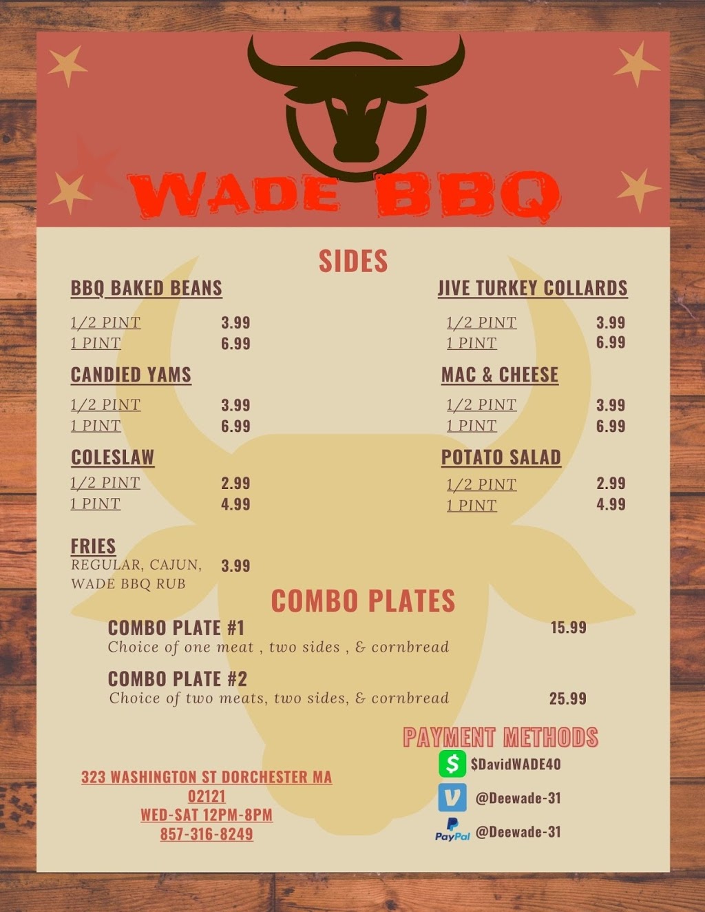 Wade BBQ | restaurant | 323 Washington St, Dorchester, MA 02121, USA | 6175144026 OR +1 617-514-4026