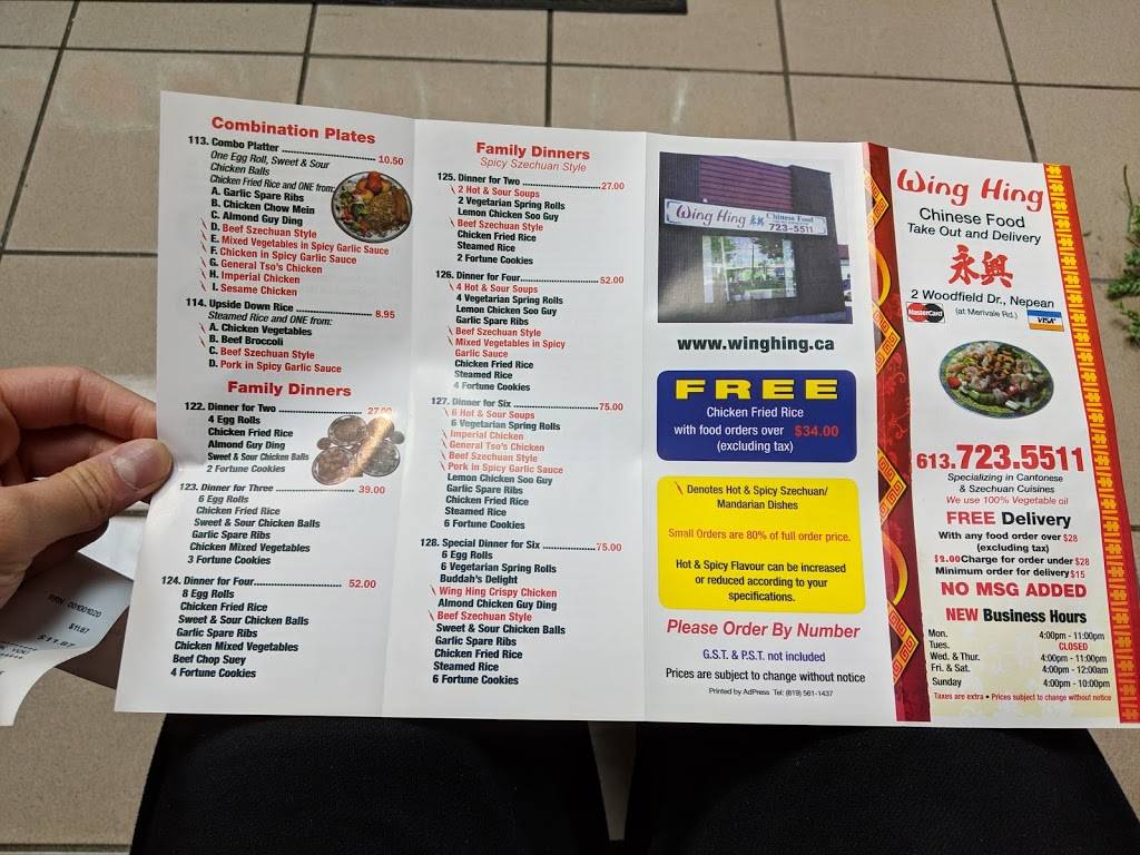 Wing Hing Chinese Food Take Out | restaurant | 2 Woodfield Dr, Nepean, ON K2G 4A8, Canada | 6137235511 OR +1 613-723-5511