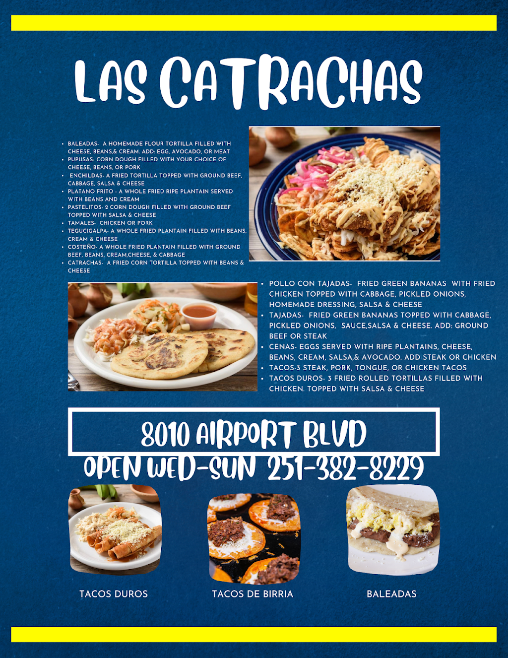 Las catrachas | restaurant | 8010 Airport Boulevard, 267 Dauphin street, Mobile, AL 36608, USA | 2513828229 OR +1 251-382-8229
