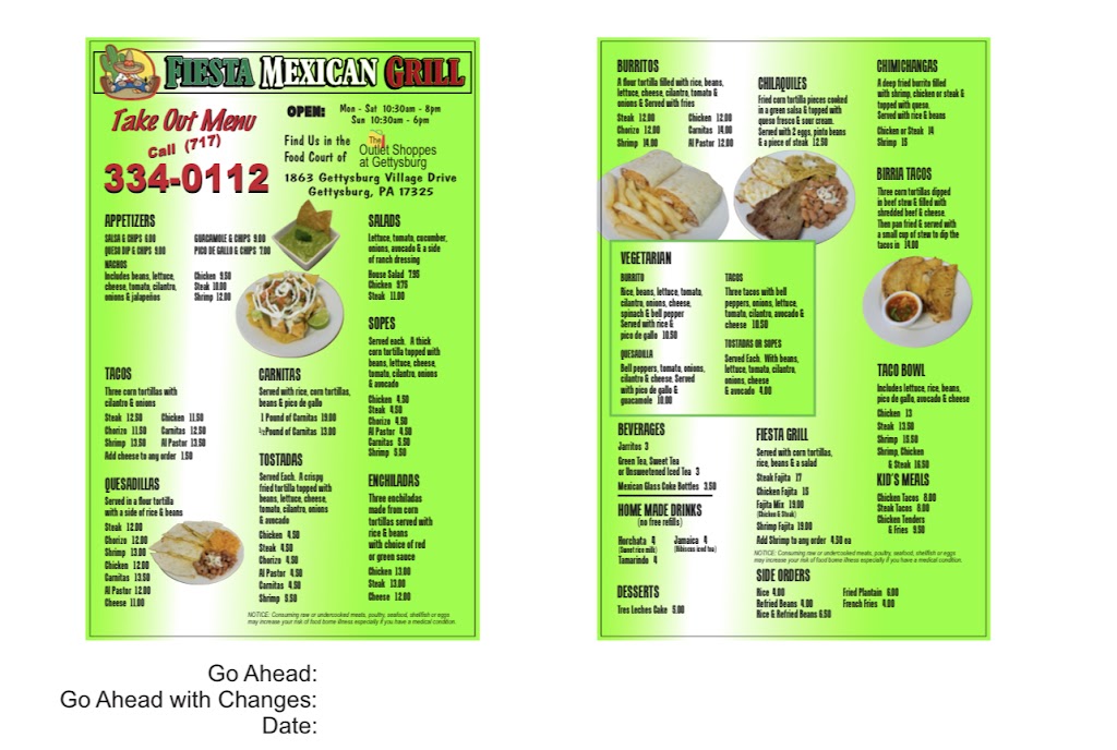 Fiesta Mexican Grill | restaurant | 1863 Gettysburg Village Dr #1060, Gettysburg, PA 17325, USA | 7173340112 OR +1 717-334-0112