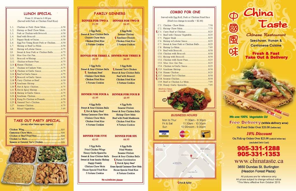 China Taste | restaurant | 3650 Dundas St, Burlington, ON L7M 4B8, Canada | 9053311288 OR +1 905-331-1288