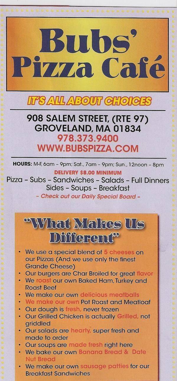 Bubs Pizza Cafe | restaurant | 908 Salem St, Groveland, MA 01834, USA | 9783739400 OR +1 978-373-9400