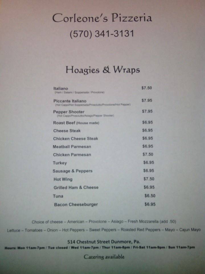 Corleones Pizzeria | restaurant | 514 Chestnut St, Dunmore, PA 18512, USA | 5703413131 OR +1 570-341-3131