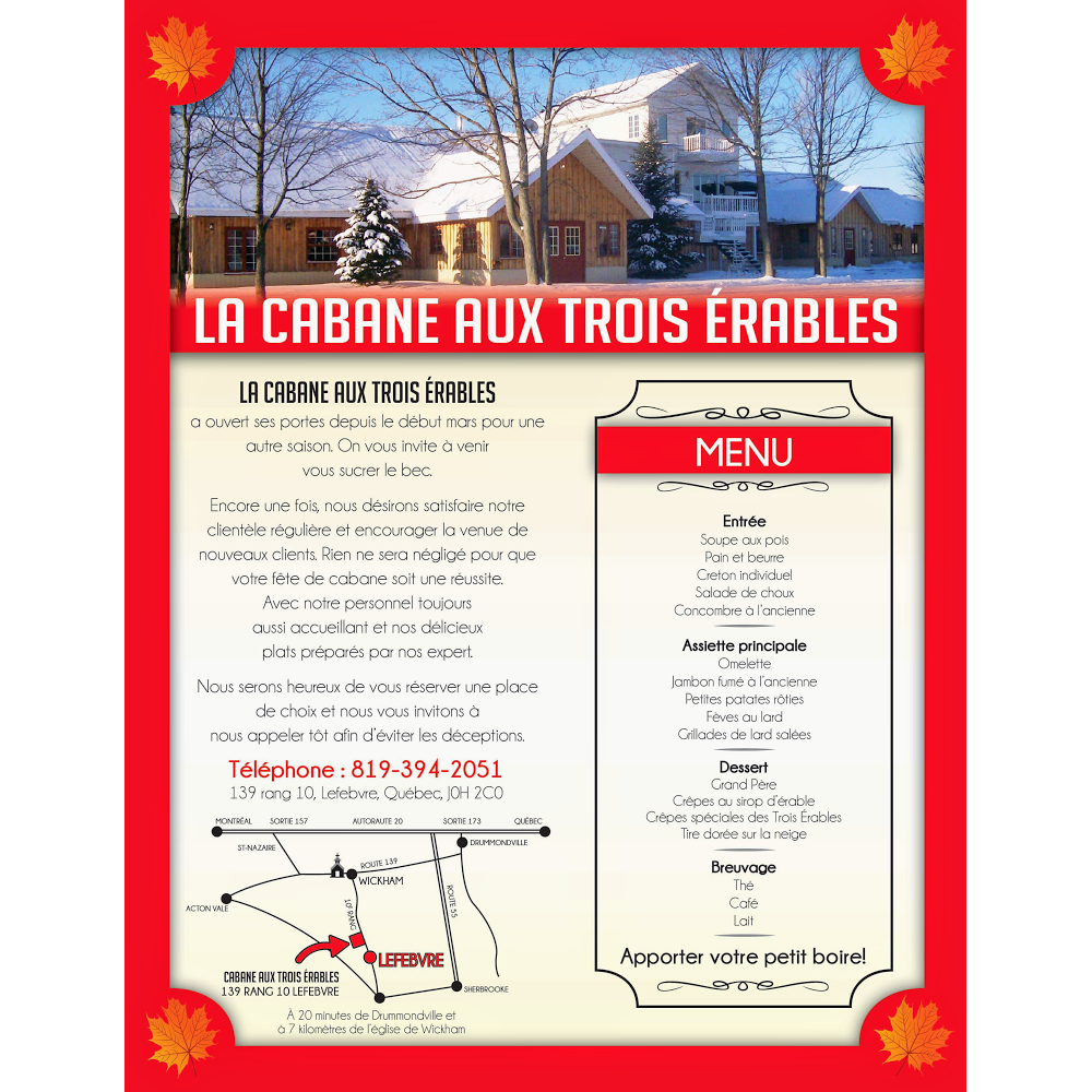 Cabane Aux 3 Erables | restaurant | 139 10e Rang, Lefebvre, QC J0H 2C0, Canada | 8193942051 OR +1 819-394-2051