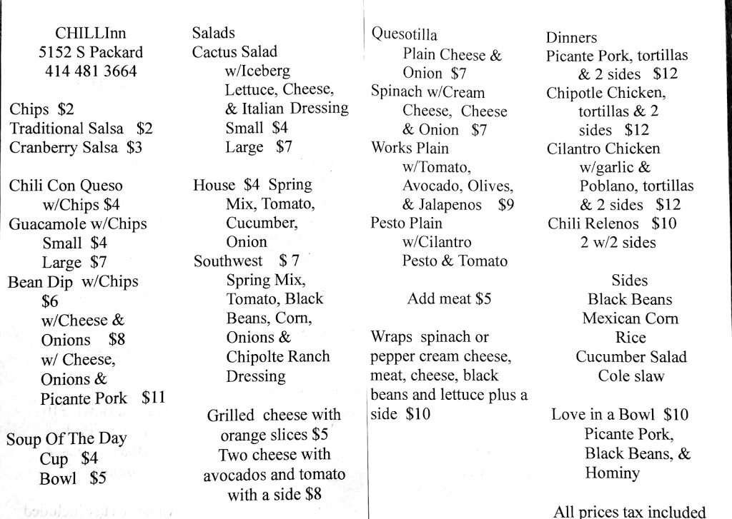 CHILInn | restaurant | 5152 S Packard Ave, Cudahy, WI 53110, USA | 4144813664 OR +1 414-481-3664