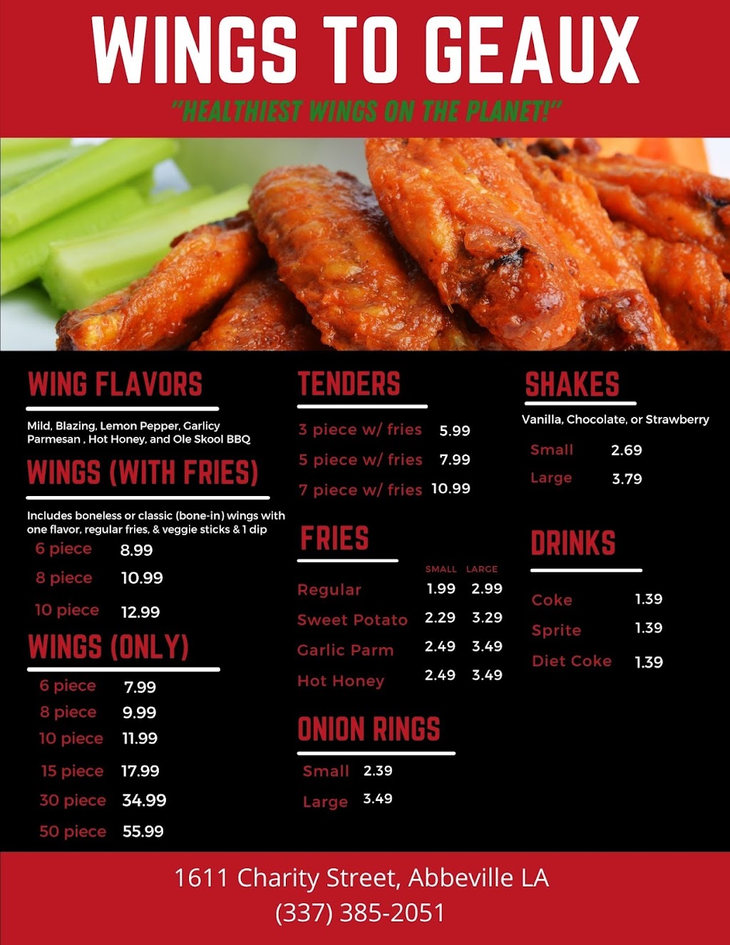 WingsTo-Geaux | restaurant | 1611 Charity St, Abbeville, LA 70510, USA | 3373852051 OR +1 337-385-2051