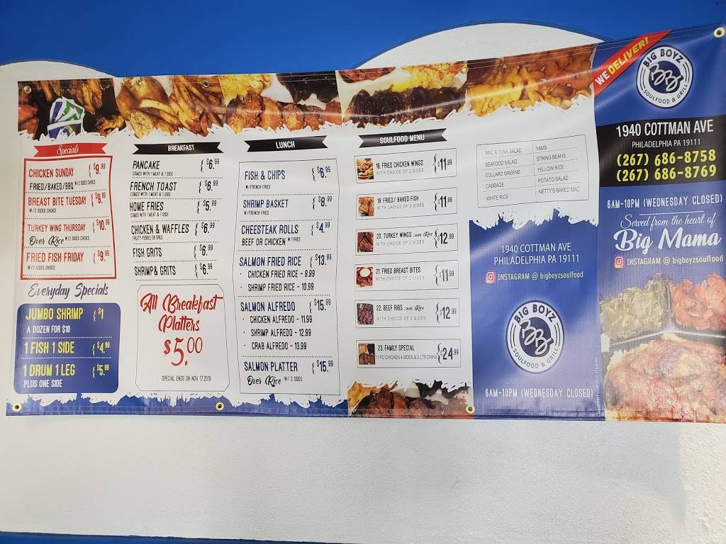 Big Boyz Soul Food and Grill | restaurant | 1940 Cottman Ave, Philadelphia, PA 19111, USA | 2676868758 OR +1 267-686-8758
