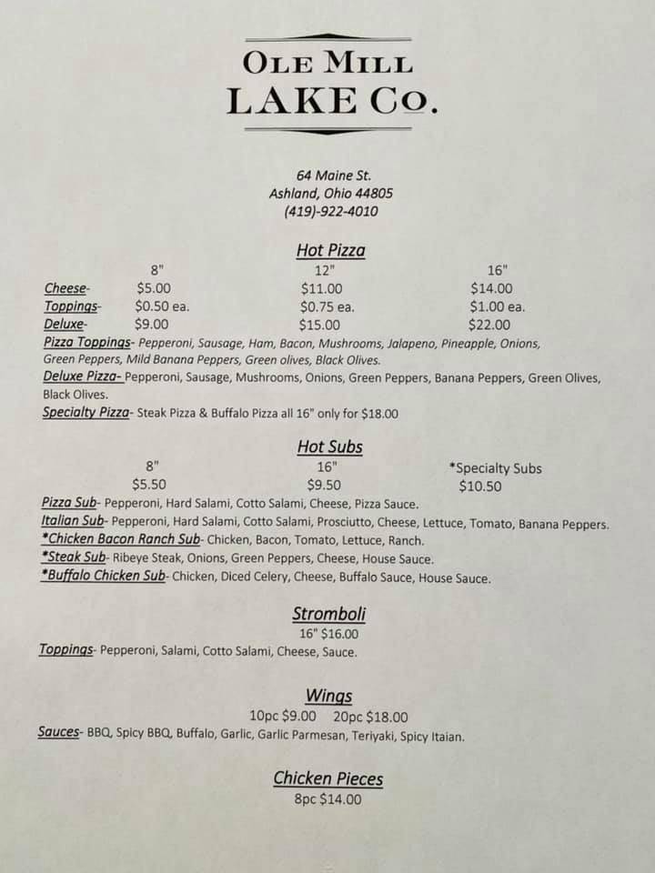 Ole Mill Lake Co | meal takeaway | 64 Maine St, Ashland, OH 44805, USA | 4199224010 OR +1 419-922-4010
