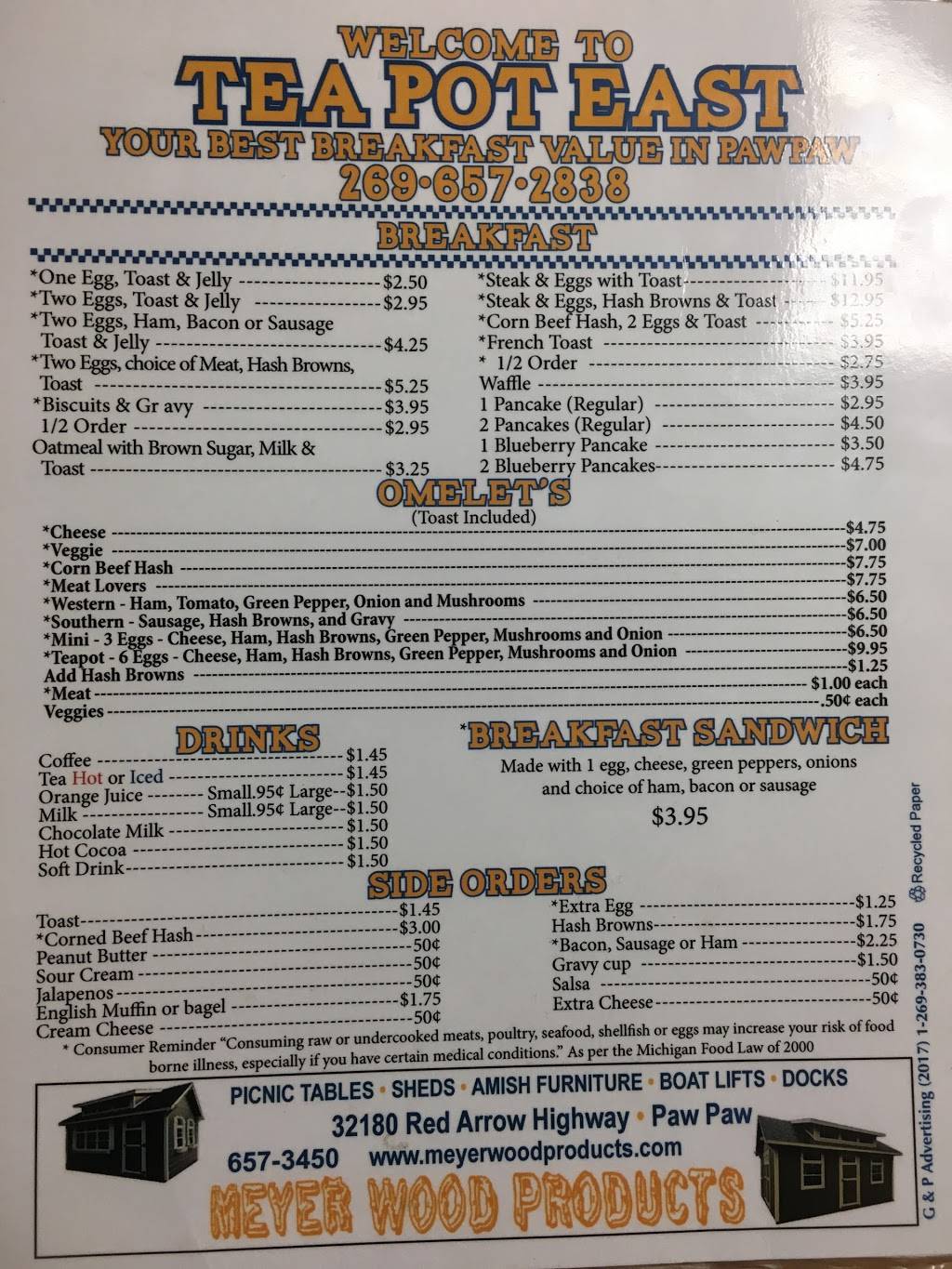 Tea Pot East | restaurant | 30163 Red Arrow Hwy, Paw Paw, MI 49079, USA | 2696572838 OR +1 269-657-2838