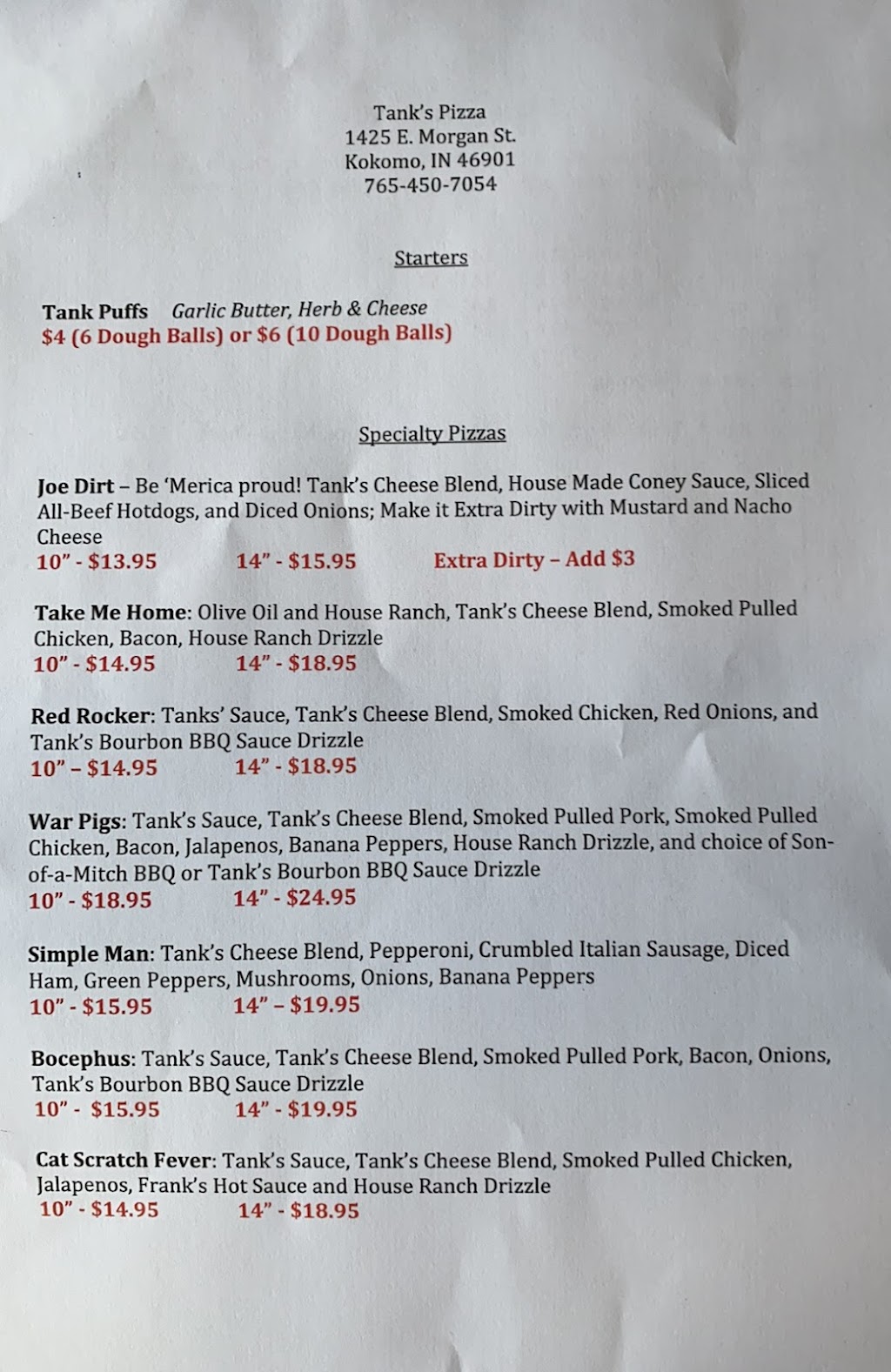 Tanks Pizza | restaurant | 1425 E Morgan St, Kokomo, IN 46901, USA | 7654507054 OR +1 765-450-7054