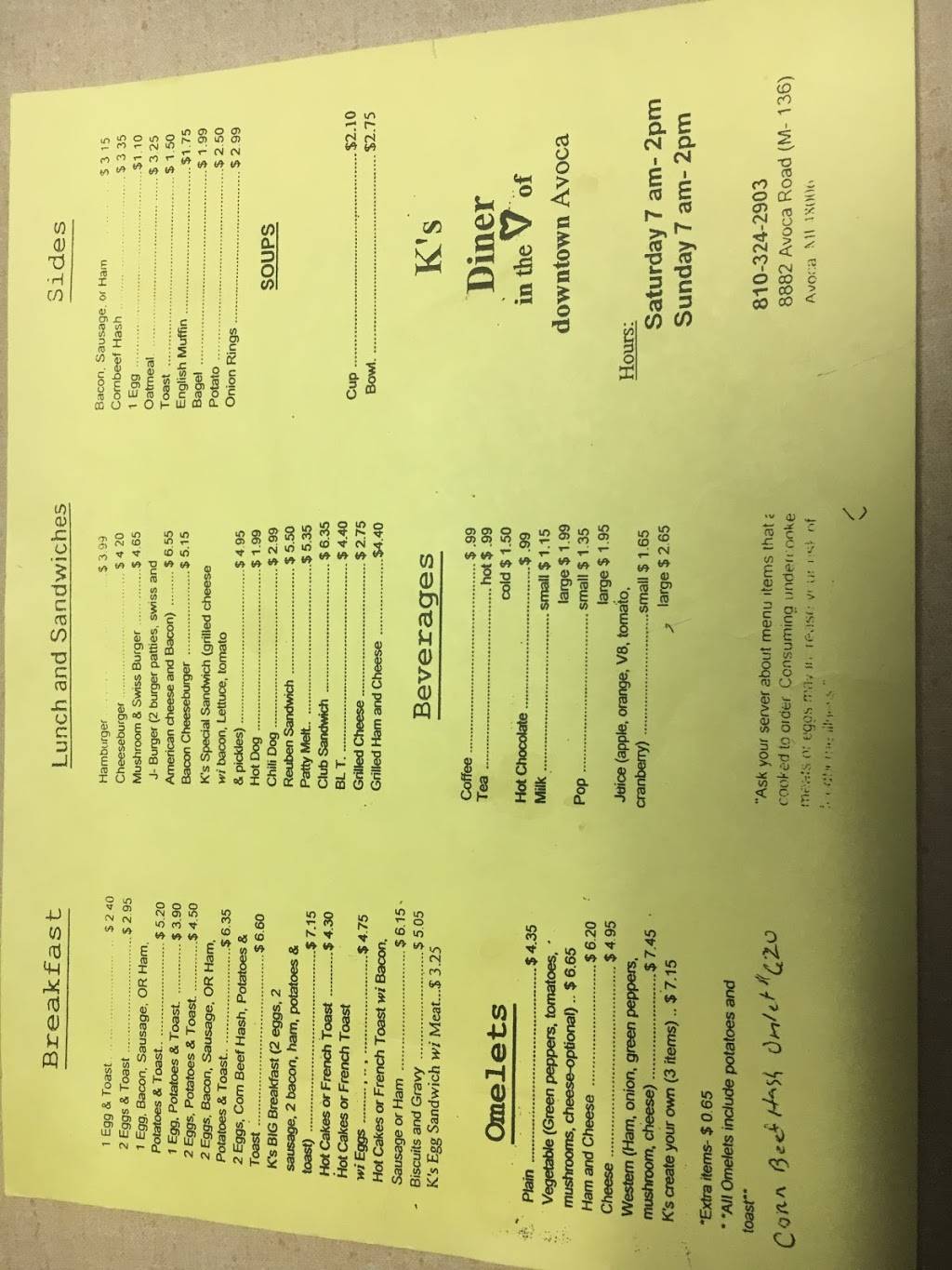 Ks Diner | restaurant | 8882 Avoca Rd, Avoca, MI 48006, USA | 8103242903 OR +1 810-324-2903