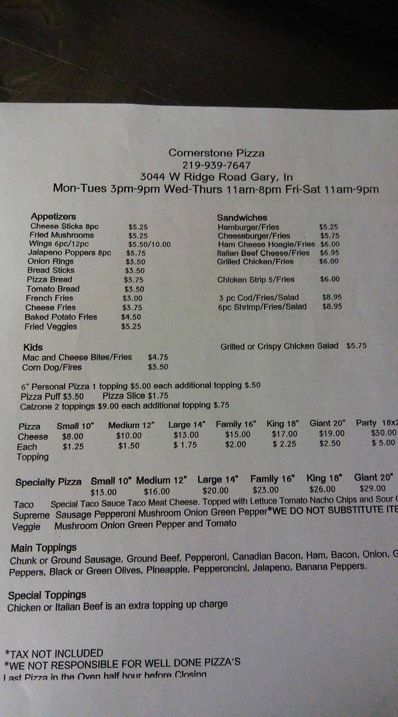 Cornerstone Pizza Gary | restaurant | 3044 W Ridge Rd, Gary, IN 46408, USA | 2199397647 OR +1 219-939-7647