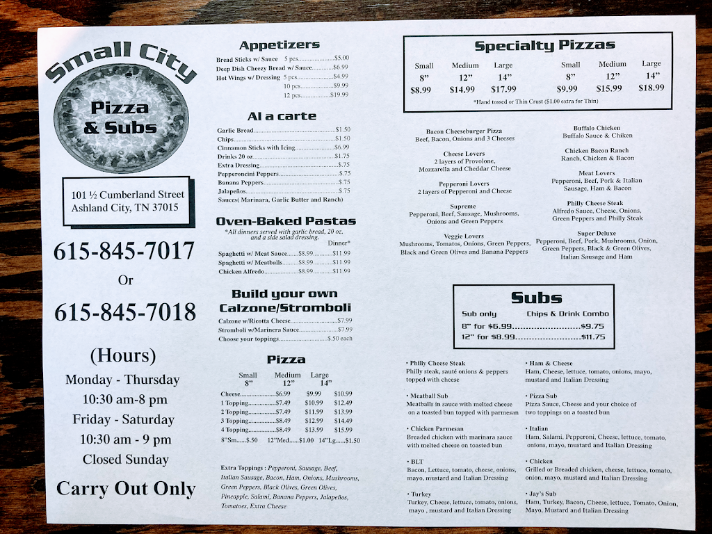 Small city pizza & subs | meal takeaway | 101 Cumberland St, Ashland City, TN 37015, USA | 6158457018 OR +1 615-845-7018