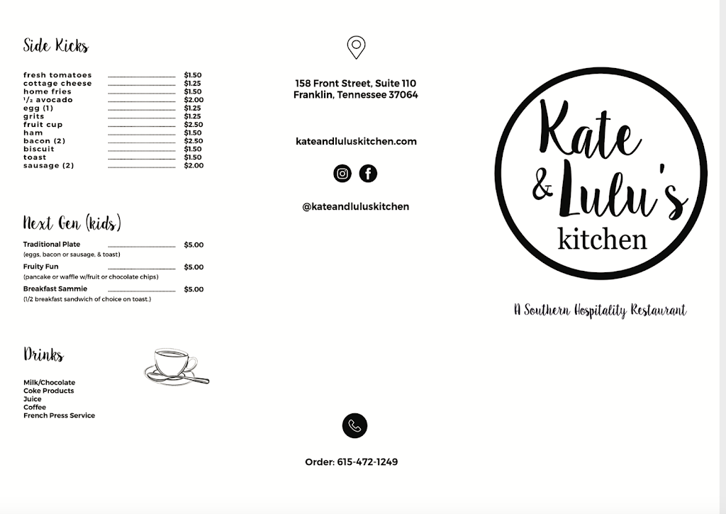 Kate & Lulus Kitchen | restaurant | 150 Front St, Franklin, TN 37064, USA | 7136471077 OR +1 713-647-1077