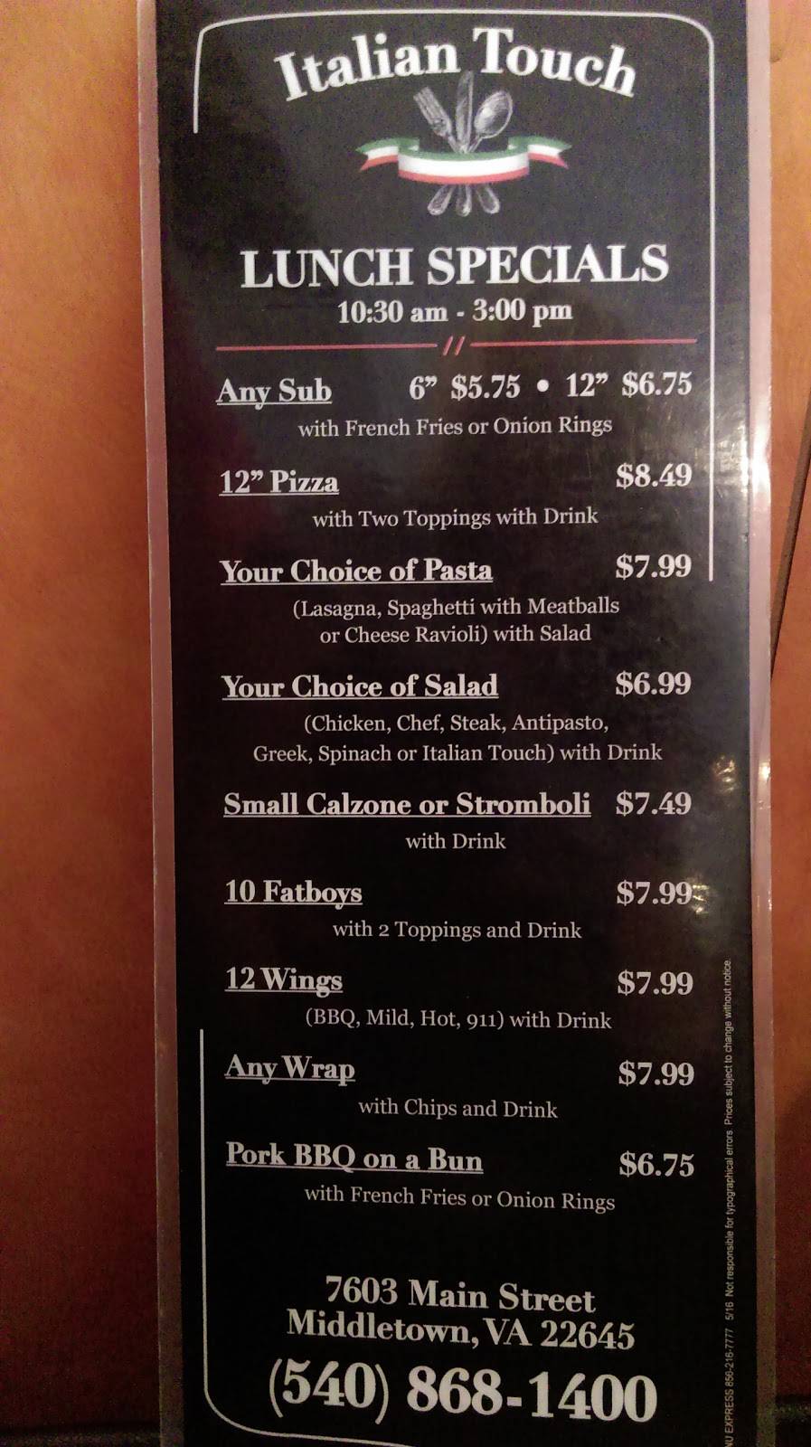 The Italian Touch | restaurant | 7603 Main St, Middletown, VA 22645, USA | 5408681400 OR +1 540-868-1400