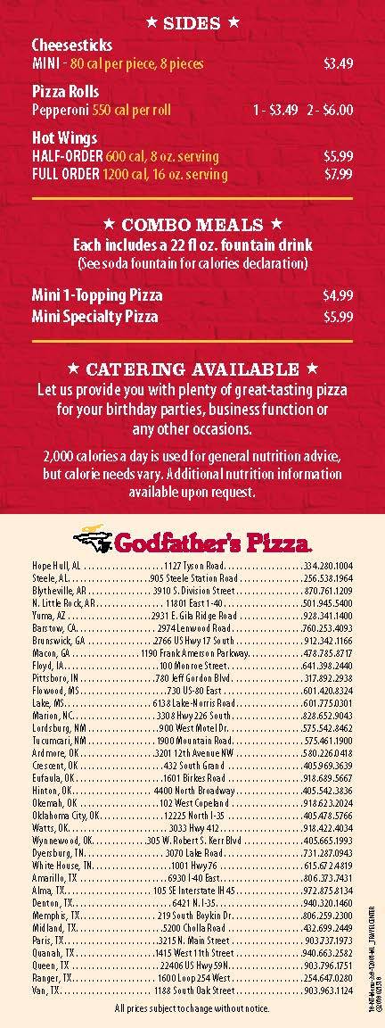 Godfathers Pizza Express | meal takeaway | 105 I-45, Ennis, TX 75119, USA | 9728758134 OR +1 972-875-8134