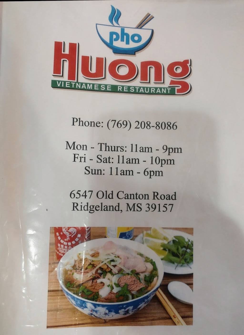 Pho Huong Vietnamese Restaurant | restaurant | 6547 Old Canton Rd, Ridgeland, MS 39157, USA | 7692088086 OR +1 769-208-8086