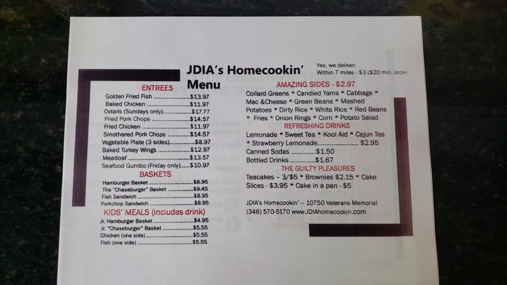 JDIAs Homecookin | restaurant | 10750 Veterans Memorial Dr, Houston, TX 77038, USA | 3465705170 OR +1 346-570-5170
