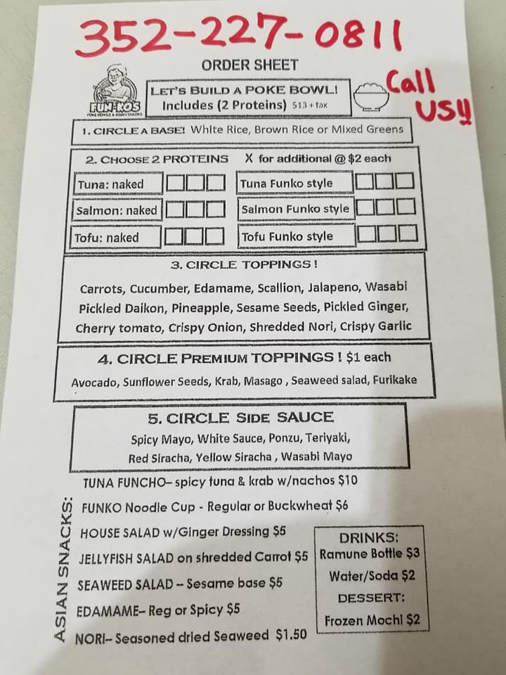 FUNKO Poke bowls | restaurant | 334 N Donnelly St, Mt Dora, FL 32757, USA | 3522270811 OR +1 352-227-0811