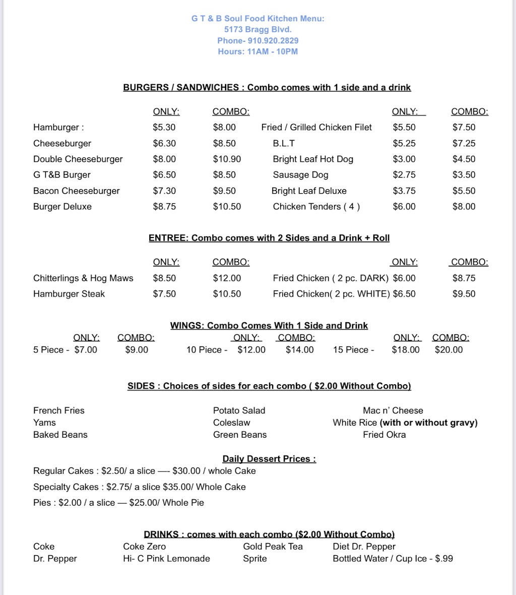 GT&B Soulfood Kitchen | restaurant | 5173 Bragg Blvd, Fayetteville, NC 28303, USA | 9109202829 OR +1 910-920-2829