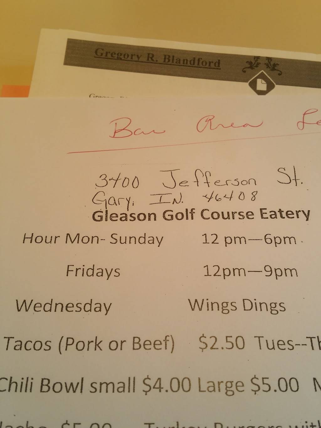 Gleason Golf Course Eatery | restaurant | 3338-3498 Jefferson St, Gary, IN 46408, USA | 2198878000 OR +1 219-887-8000