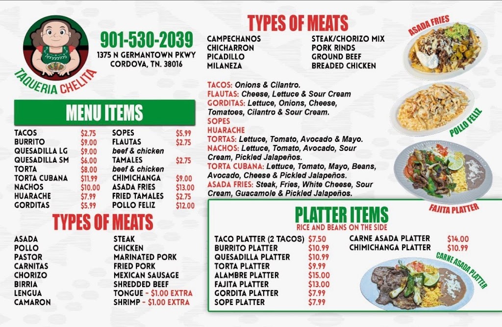 Taqueria Chelita | restaurant | 1375 N Germantown Pkwy, Memphis, TN 38016, USA | 9015302039 OR +1 901-530-2039