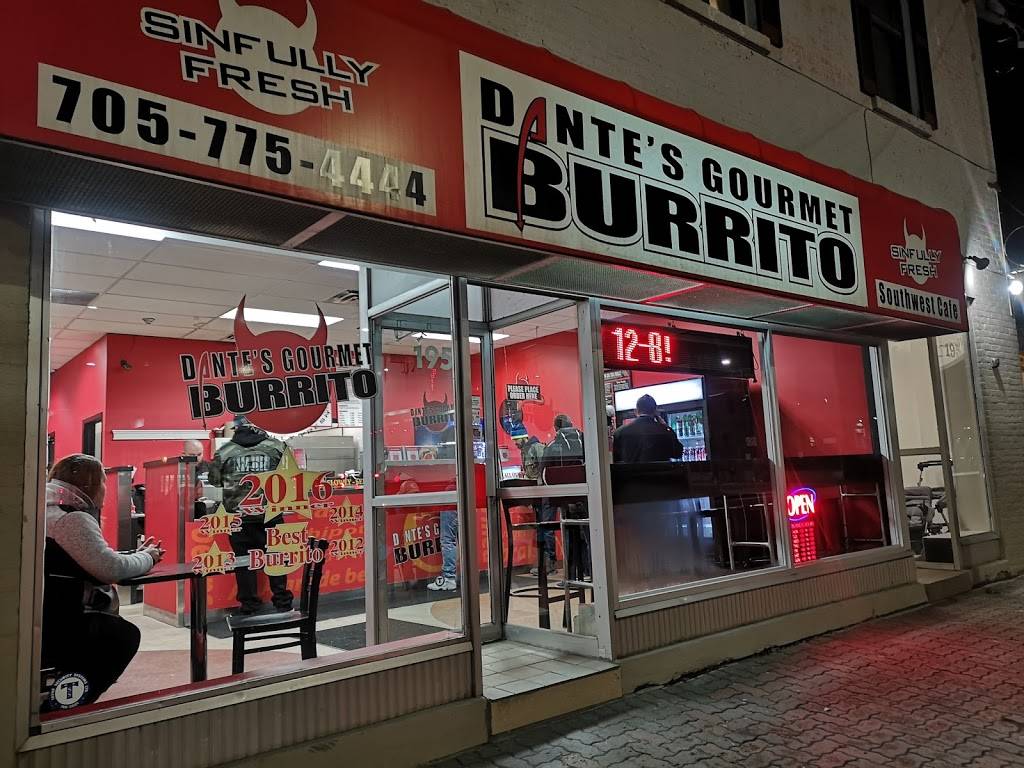Dantes Gourmet Burrito | restaurant | 195 Simcoe St, Peterborough, ON K9H 2H6, Canada | 7057754444 OR +1 705-775-4444