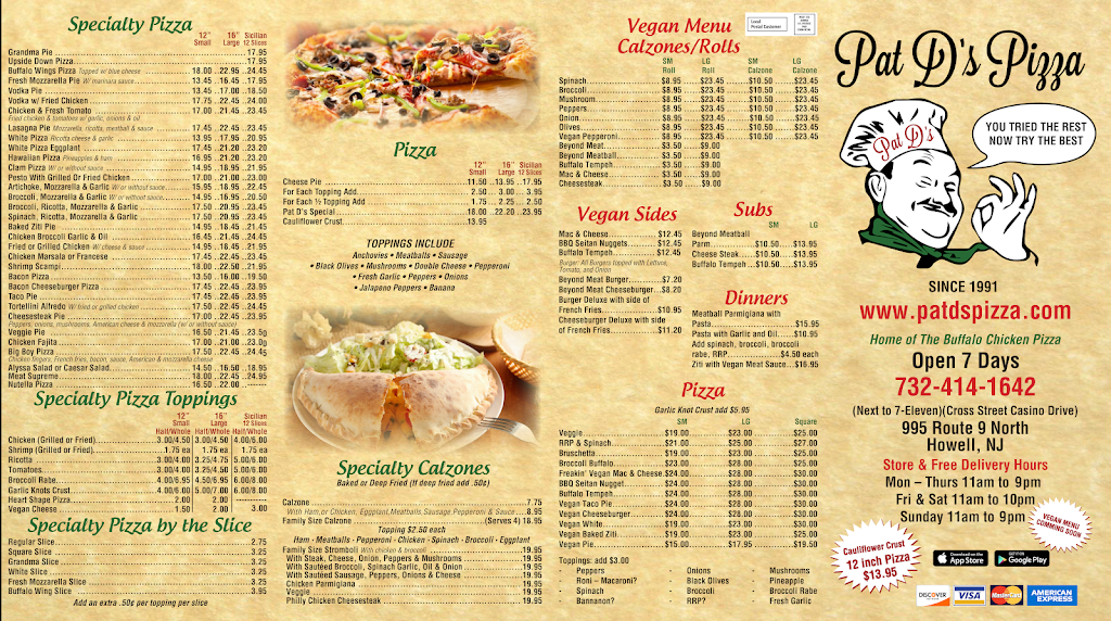 Pat Ds Pizza | meal delivery | 995 U.S. 9 n, Howell Township, NJ 07731, USA | 7324141642 OR +1 732-414-1642