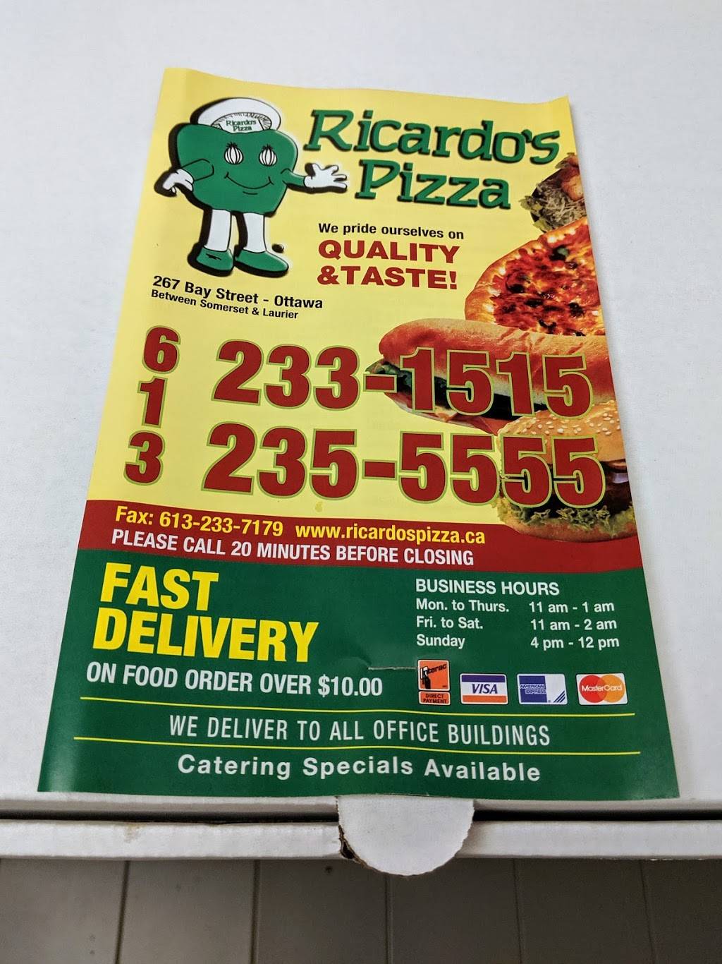 Ricardos Pizza | restaurant | 267 Bay St, Ottawa, ON K1R 5Z4, Canada | 6132331515 OR +1 613-233-1515